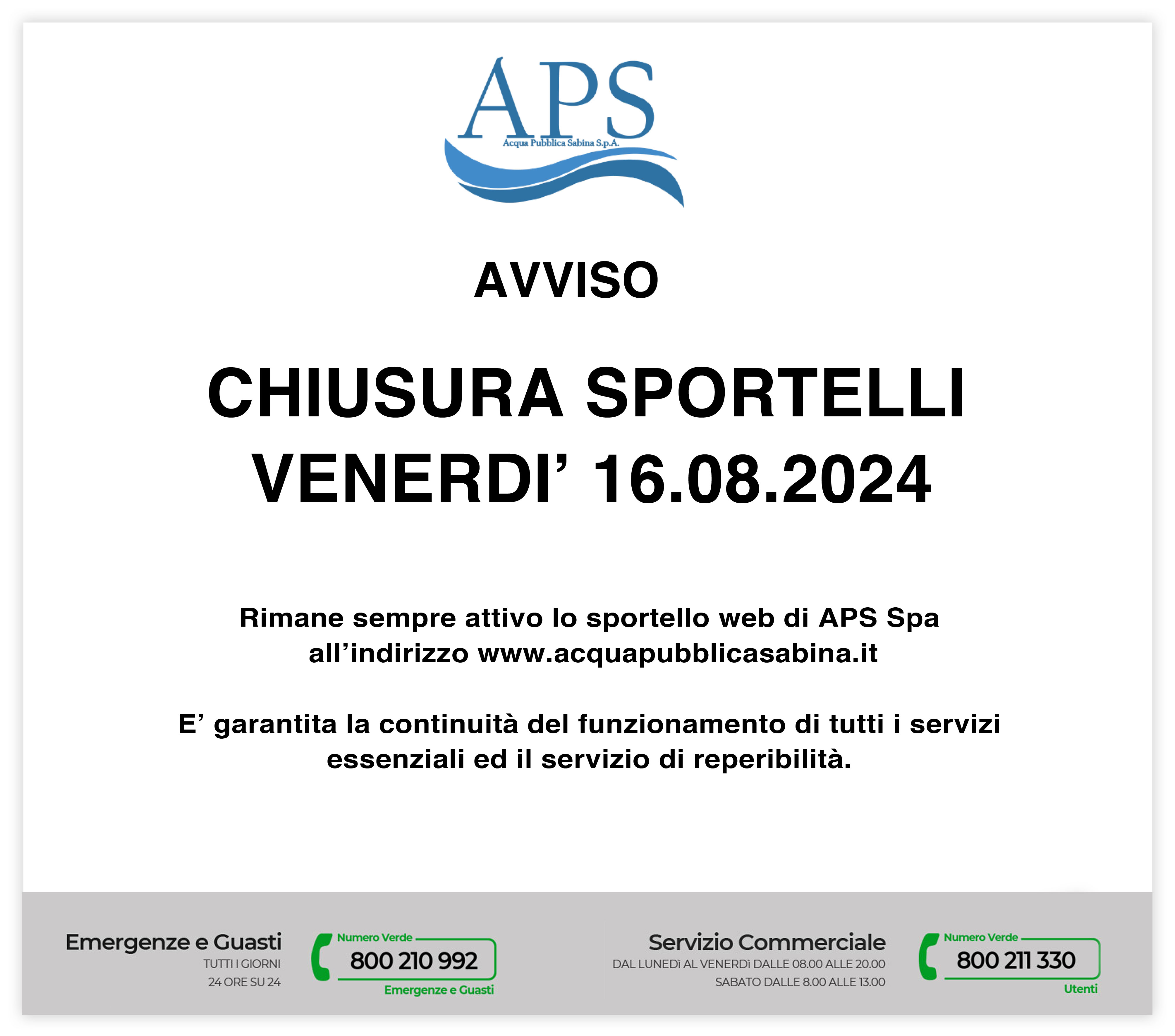 Avviso chiusura sportelli ed uffici 16.08.2024